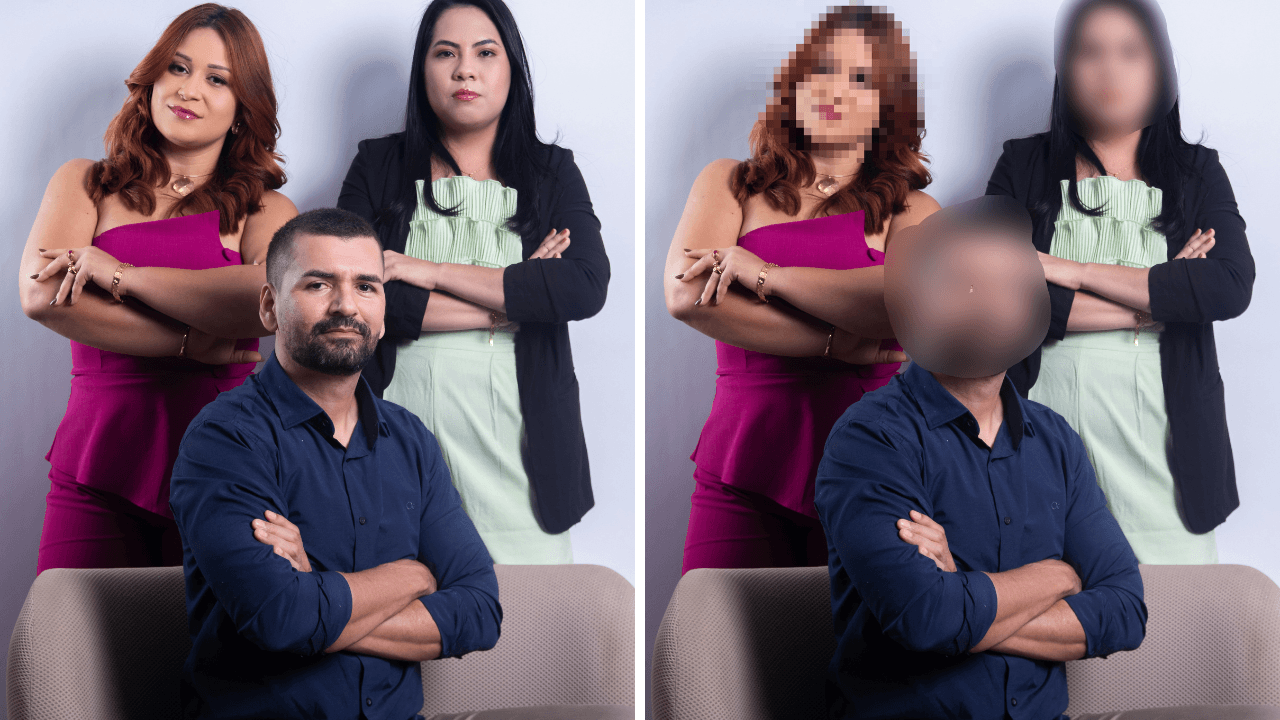 Three people posed for a group photo, shown beside the same photo with every face blurred