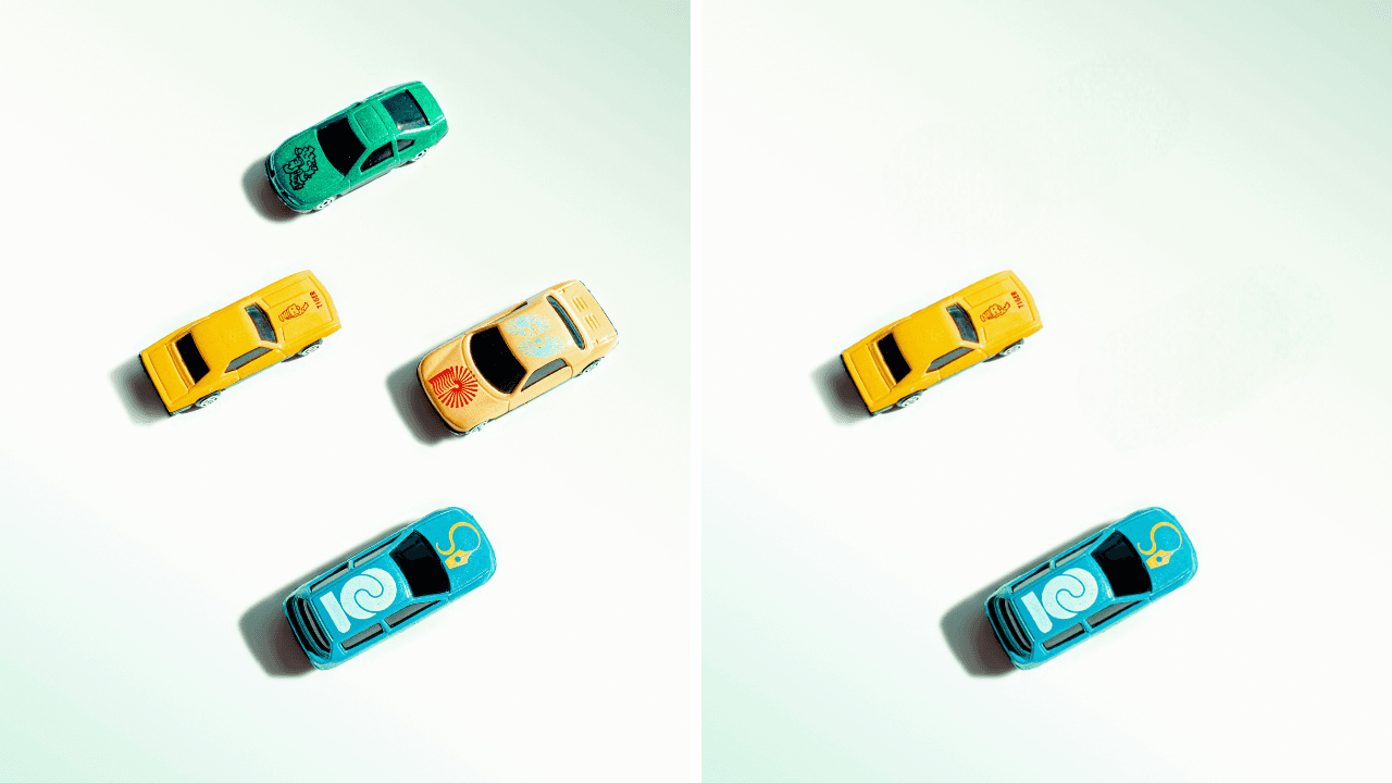 Four toy cars photographed from above, shown beside the same photo with two of them erased